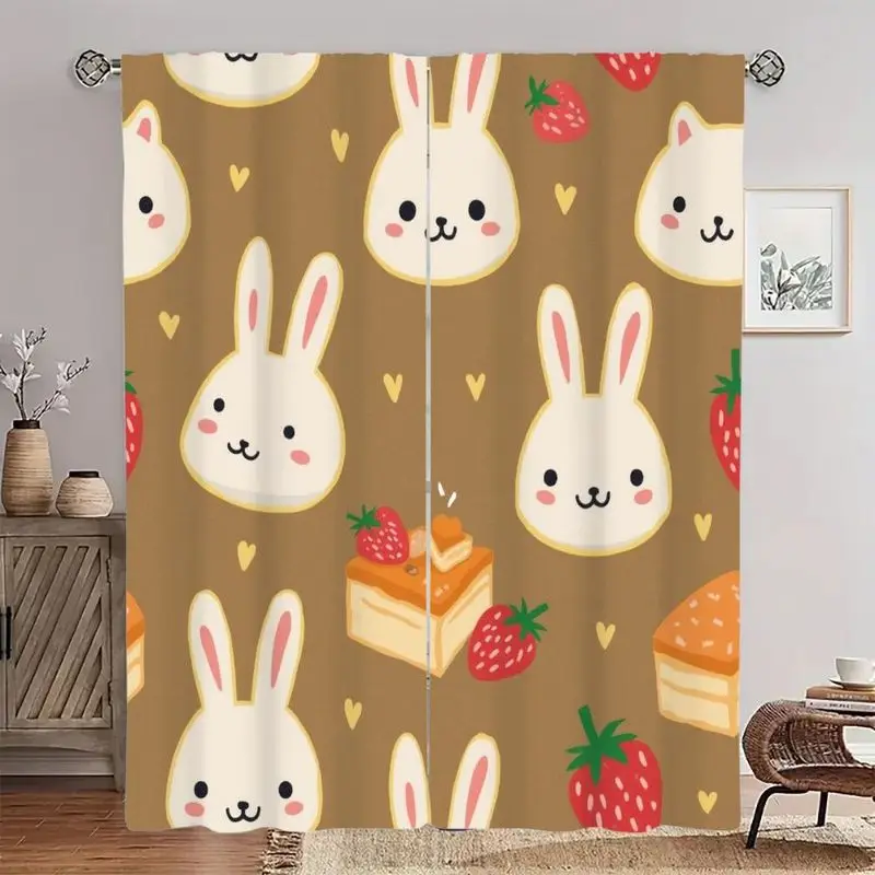 Rabbit, cat and strawberry pattern printed curtains, with a pole bag design, suitable for bedrooms, living rooms and offices