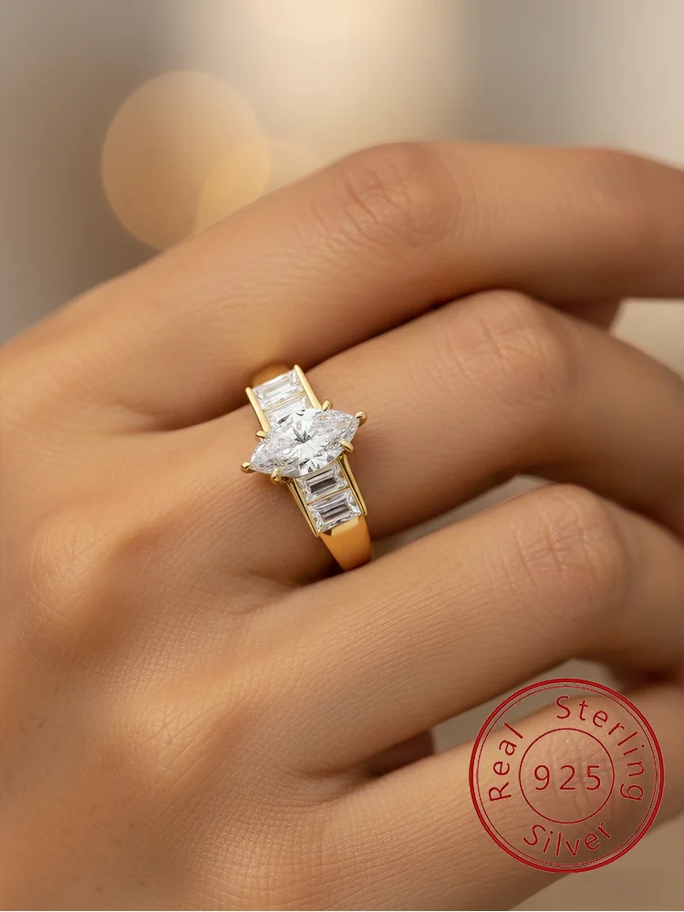 

925 Sterling Silver Fashion Shiny Marquise Rectangle Zircon Ring For Women Engagement Wedding Luxury High Quality Fine Jewelry