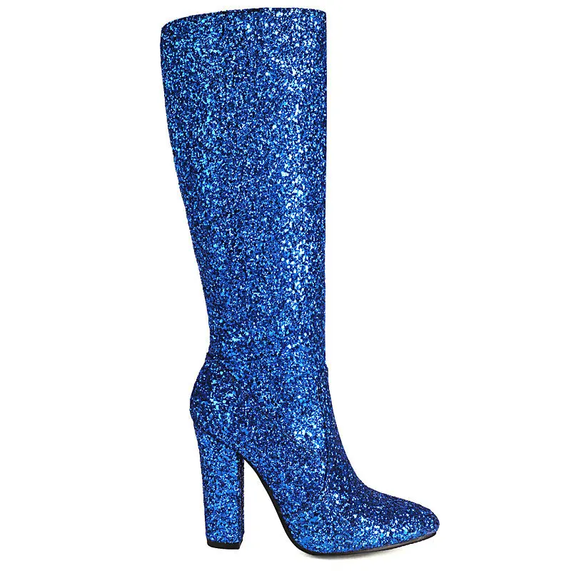 Sequin Cloth Bling Bling Glitter Blue Gold Silver Party Weddding Bride Shoes Block High Heels Knee High Shiny Women Boots Winter