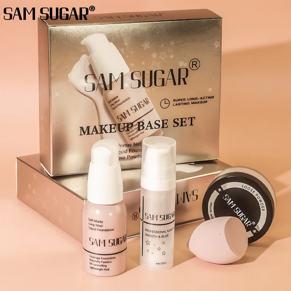 Make-up-Grundierung, Milch-Set, Make-up-Puder, Schwammquaste, vierteiliges Set, langlebig, einfaches Make-up, Make-up-Set, Weihnachtsgeschenk