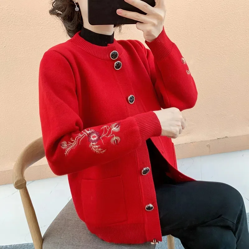 Middle-Aged Elderly Sweater Women's Long Sleeve Warm Autumn/Winter Cashmere Bottoming Shirt Mother's Pullover Sweater Female