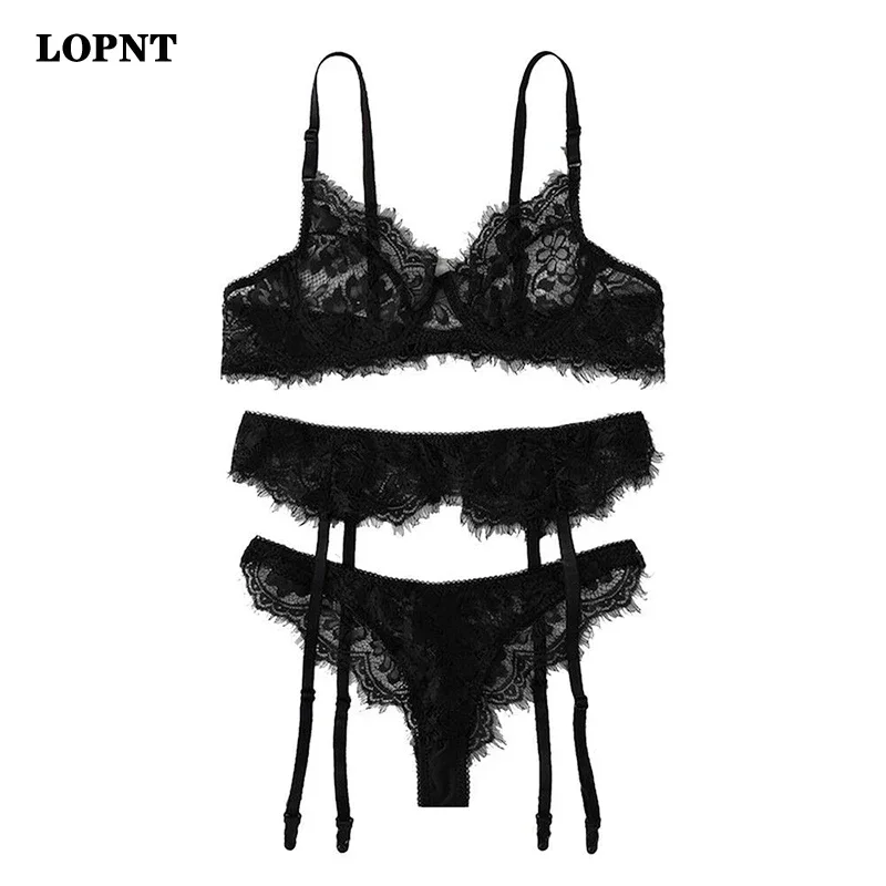 LOPNT New Women\'s Sexy Underwear Bra Set Wire free Brassiere+Garter+Underpants 3pcs Sexy Lingerie set Comfortable Lace Underwear