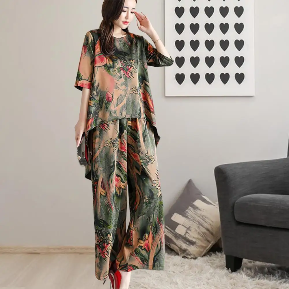 2Pcs/Set Fashion Loose Fit Summer Outfit Elastic Waistband Vintage Printing T-shirt Long Trousers Set Versatile