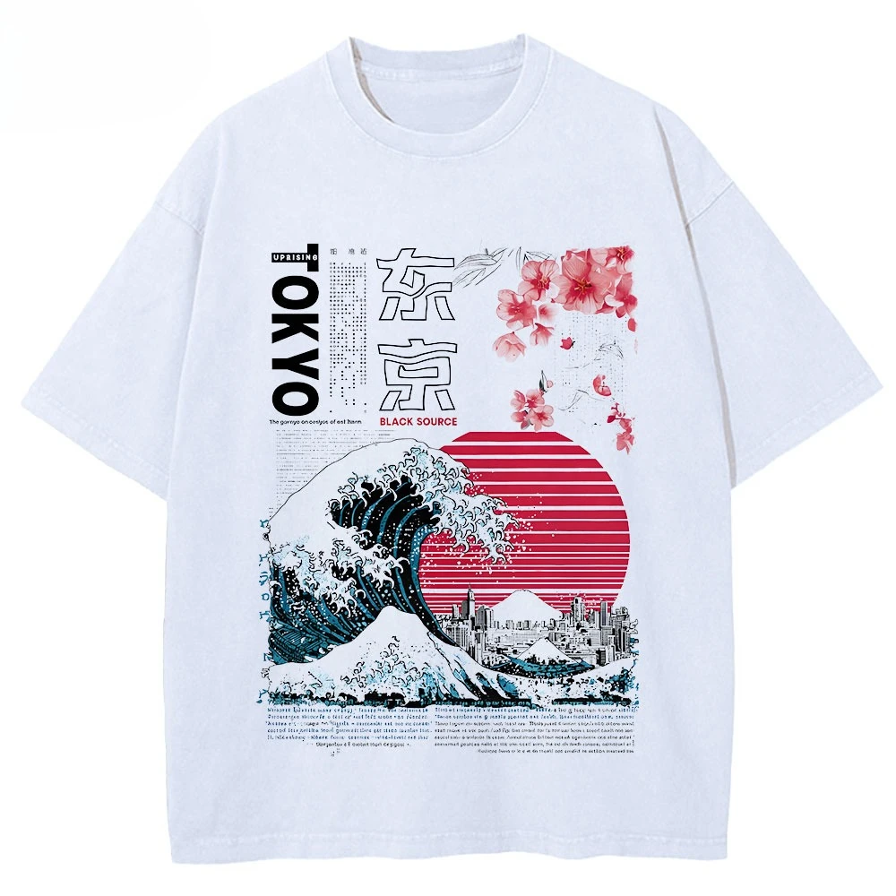 Angesagtes Vintage Tokyo Japan Grafik-T-Shirt mit Kanagawa-Welle und Kirschblüten-Print, Unisex Baumwolle Rundhals Kurzarm Street Tee Top