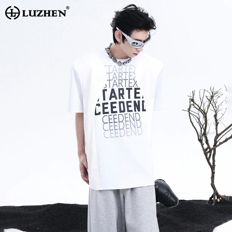 

LUZHEN T Shirt Letter Printed Patchwork Leather Design Short Sleeve Summer Original New Cotton Street Men's Tops American LZ4381