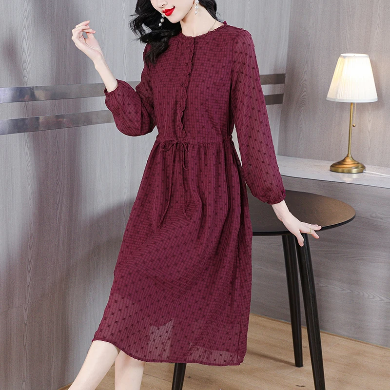 

Autumn High End Luxury Georgette Dress Women's 2023 Fashion Round Neck Long Sleeve Loose Fit Leisure Vacation Party Vestidos