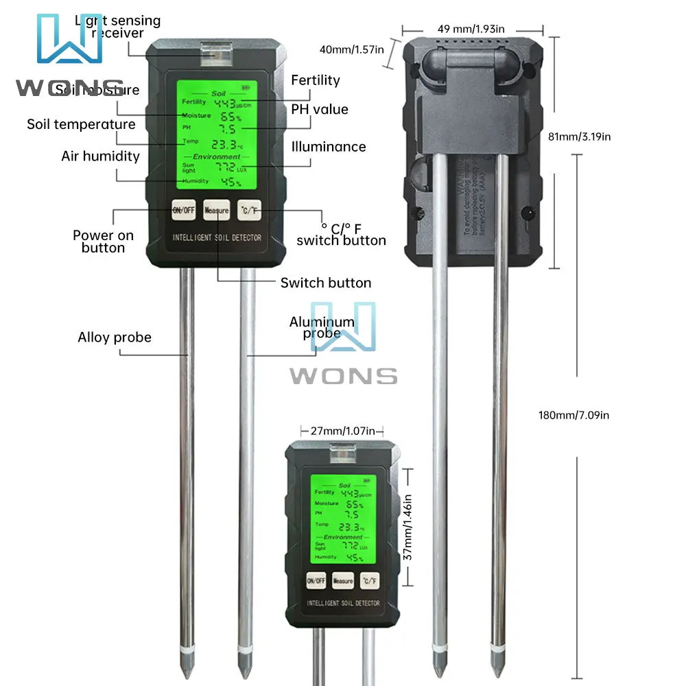 Multifunction Soil Meter Digital Hygrometer Ph Tester Temperature Sunlight Intensity Garden Planting Soil Detector for Garden