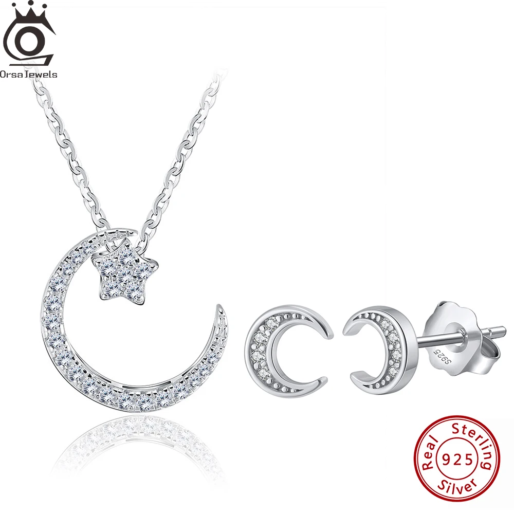 ORSA JEWELS 925 Silver Charm Moon Star Zircon Necklace Earrings Set Mini Moon Stud Earrings Cute Star Chain Necklace Gift SN06