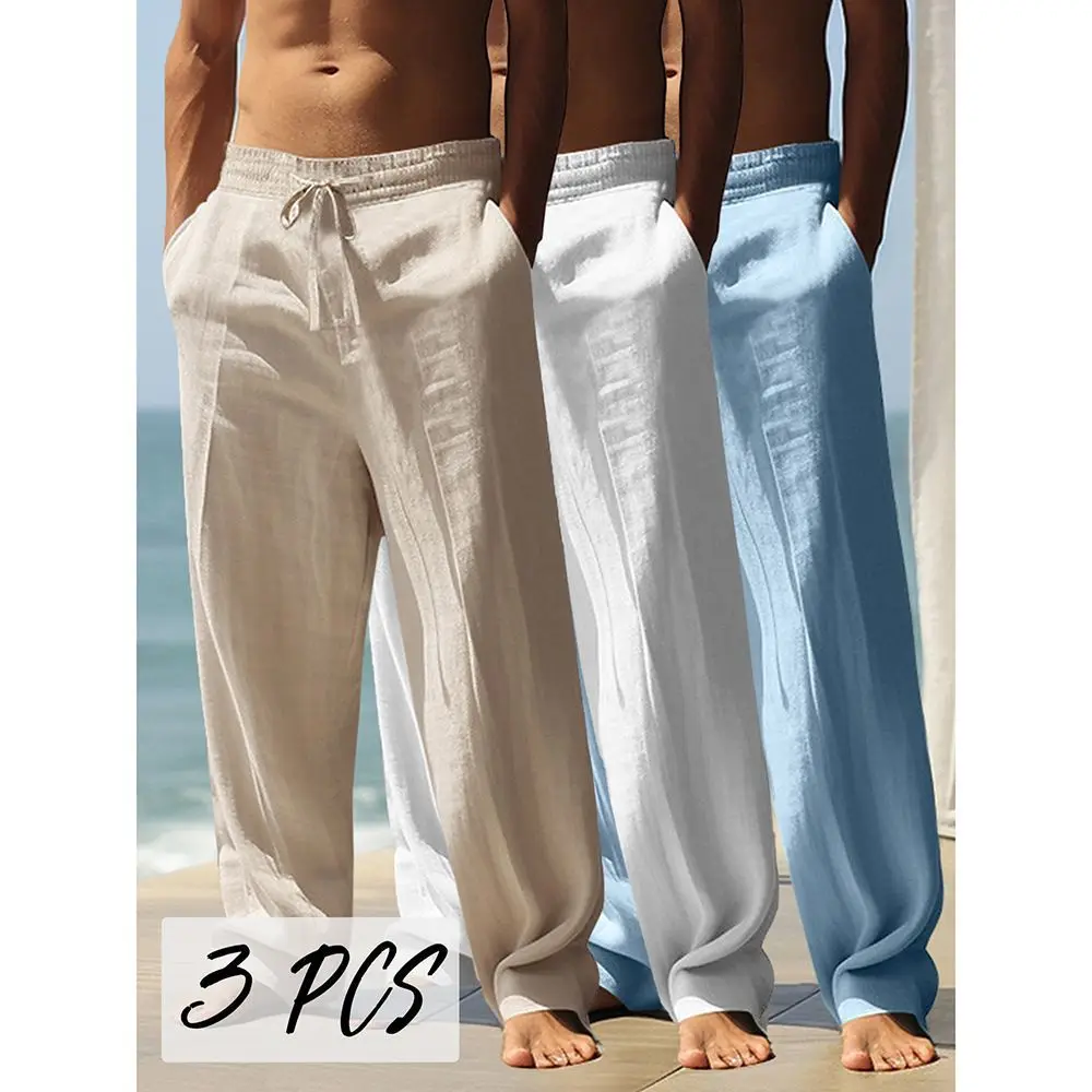 

2025 Spring/Summer New Men's Cotton and Hemp Pants Fashionable and Casual Solid Color Breathable Loose Plus Wide Leg Pants M-4XL