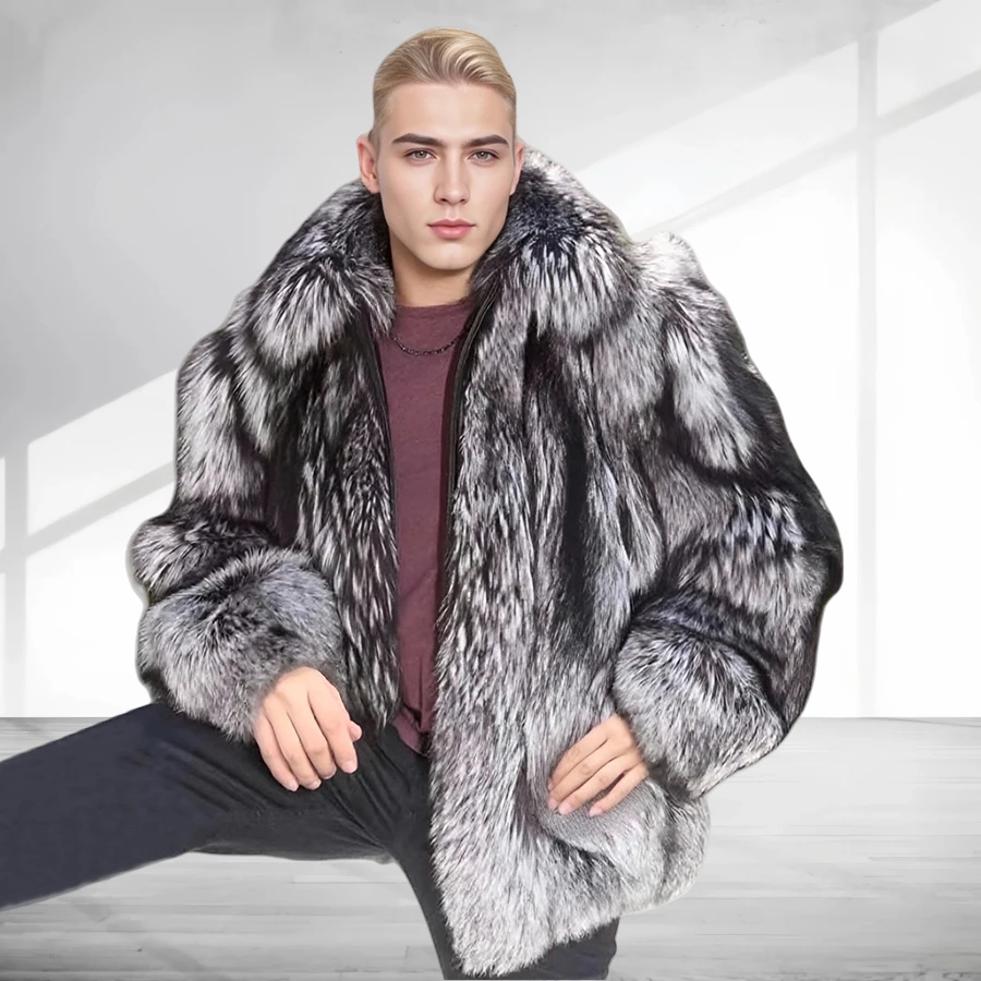 

Winter Fur Coat For Men Silver Fox Fur Mens Coat Real Fox Fur Coats Full Skin Natural Fur Bomber Jacket Luxury High Quality
