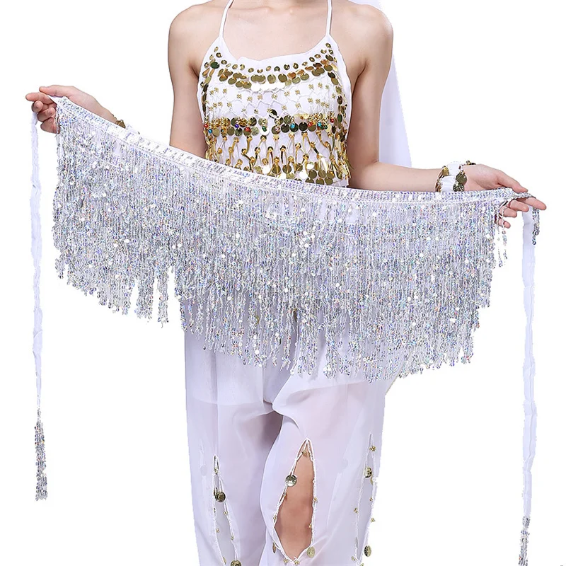 Adult Sequins Bling Tassel Belly Dance Belt Skirts Lady Rave Carnival Stage Performance Hip Scarf Costume Towel Wrap Dancewear