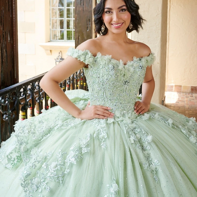 

Блестящие Зеленые платья для Quinceanera с открытыми плечами аппликация кружевные бусины Бальное Платье милое 16 платье платья 15 De