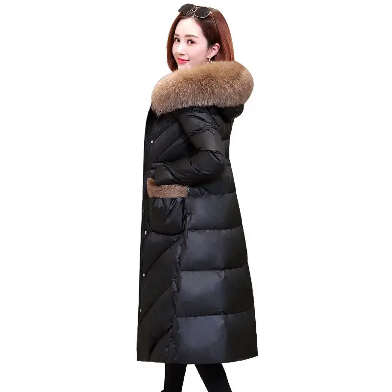 Winter New Women\'s Down Jacket Fashion Hooded True Fur Collar Slim Black Thickened White Duck Down Jacket Parkas