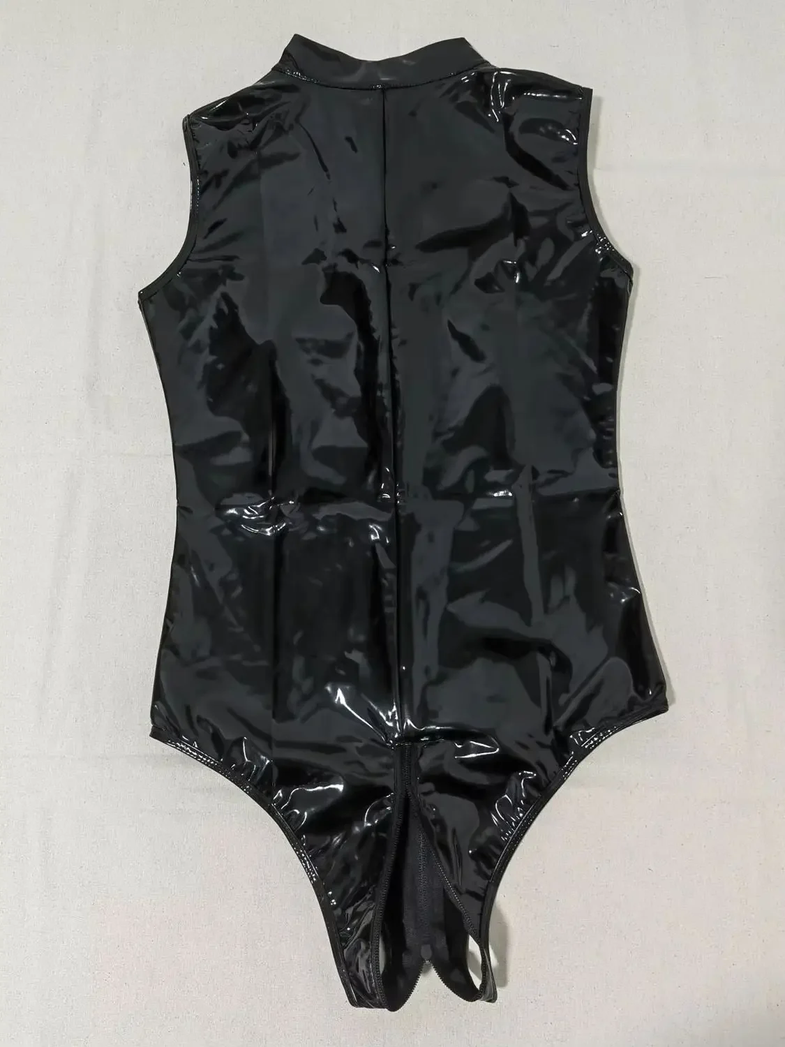 Women Plus Size PU Bodysuit Zipper Open Crotch Sleeveless Wet Look PVC Catsuit Shiny PU Leather Bodysuit Tights Maid Leotard