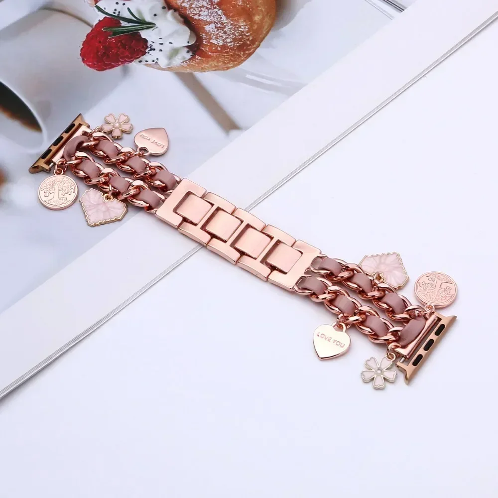 Women Metal+leather Strap for Apple Watch 10 42mm 46mm 9 8 7 41mm 45mm Cute Bracelet for Iwatch Series 6 5 Se 44mm 38 40mm Band