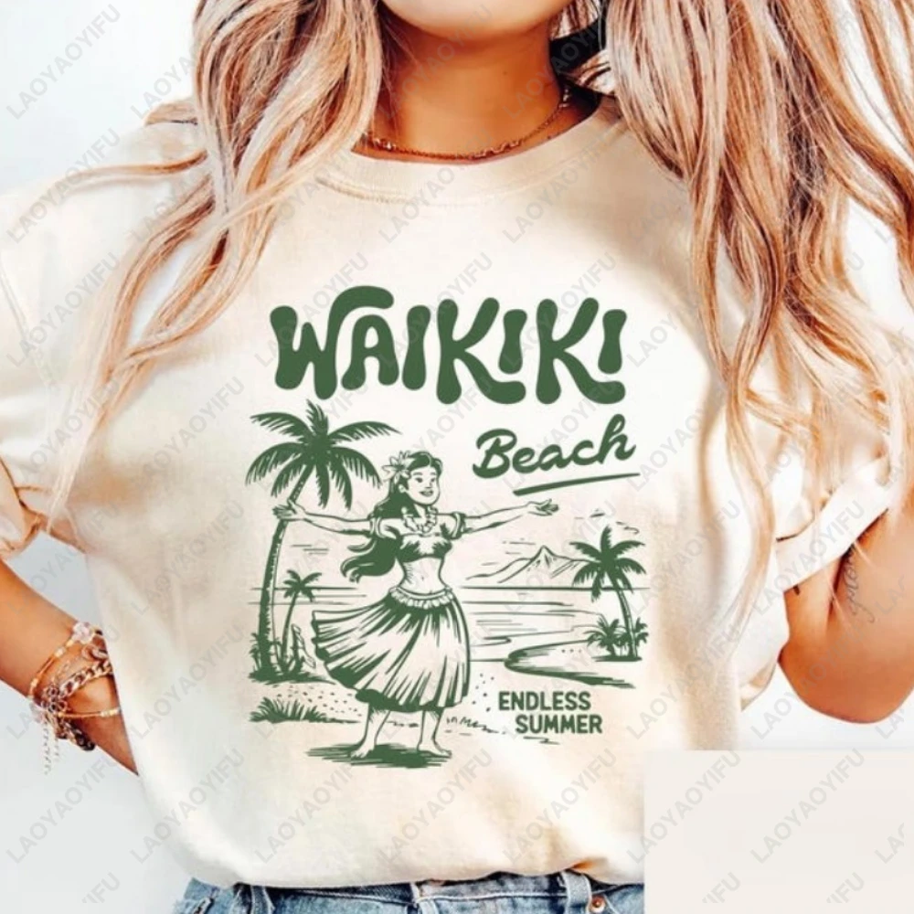 Waikiki Beach Shirt Hawaii Graphic Tee Hula Girl Vintage Island T-Shirt Endless Summer Tropical Vacation T-Shirt Cotton Tees