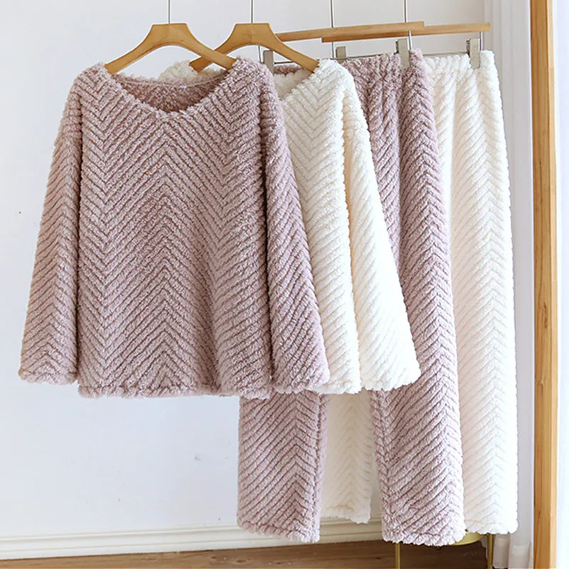 New Autumn Winter Pajamas Warm Coral Fleece Women Cozy Loose Set Homewear Long-sleeved Top 2 Piece Solid Color Pyjamas Femme