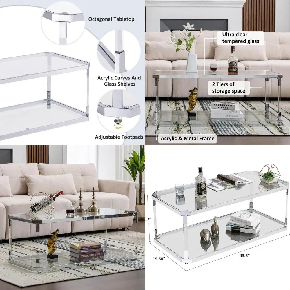 

Modern Rectangular Clear 2-Tier Coffee Table with Acrylic Legs and Chrome Frame for Living Room