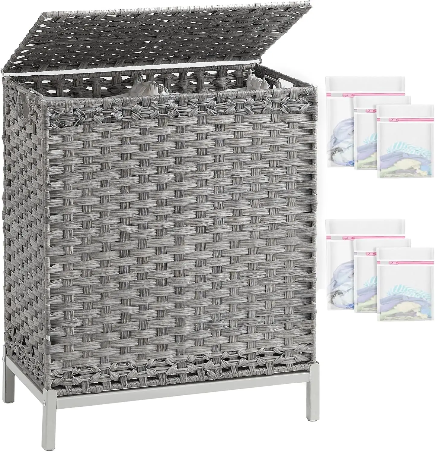 

112L Handwoven Rattan Laundry Basket with Lid, 2 Removable Liners & 6 Mesh Bags, Metal Feet for Bathroom Bedroom