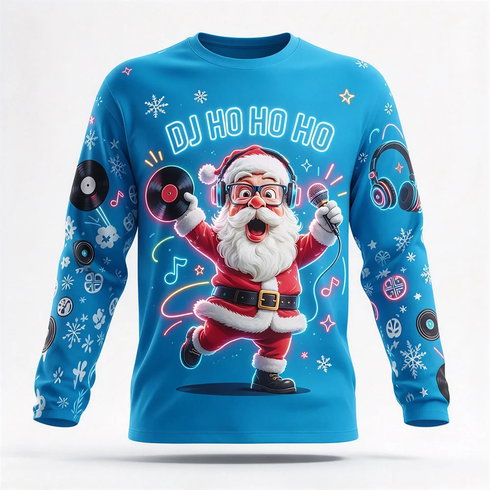 Winter Ugly Christmas Long Sleeved T-shirt Full Print Santa Claus Cotton Novelty Xmas Festival Party Funny Holiday Gift for Men