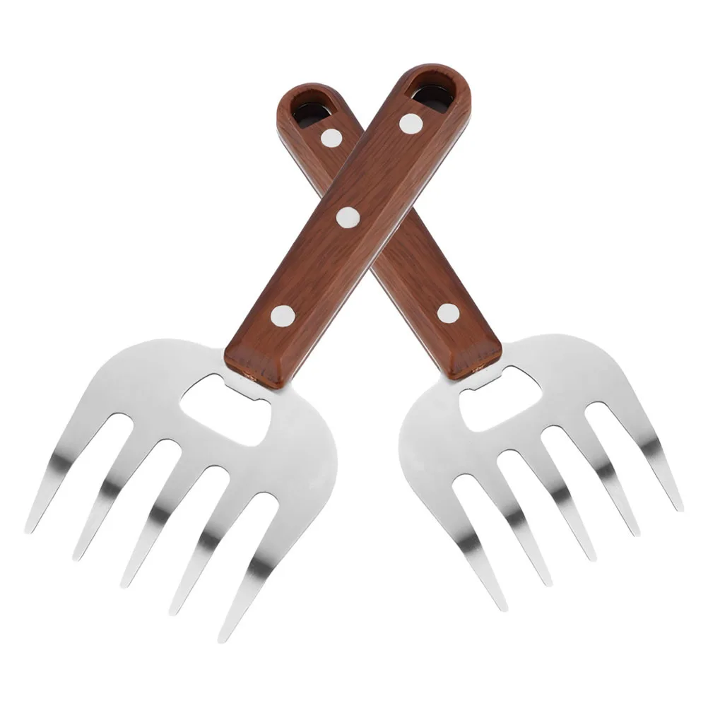 

2pcs Stainless Steel Meat Forks Wooden Handle For Bbq Grilling Kitchen Long Handle Meat Shredder Claws Chicken Pork Beef Cooking