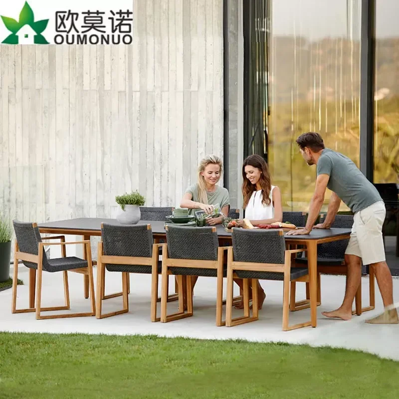 Outdoor Rattan Teak Dining Set 1 Table 6 Chairs Antiseptic Wood Garden Patio Villa Courtyard Furniture Combination