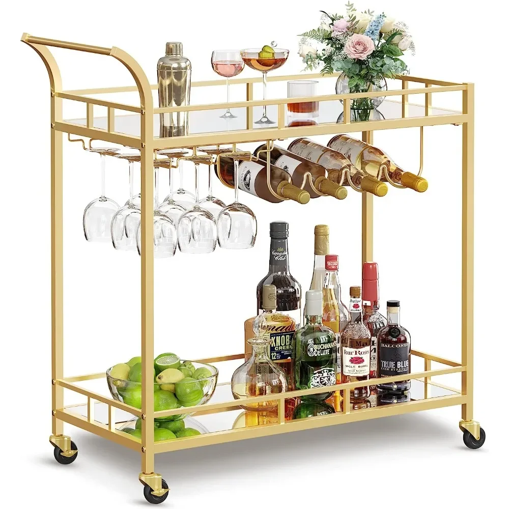 

VASAGLE Bar Cart Gold, Home Bar Serving Cart, Wine Cart with 2 Mirrored Shelves, Wine Holders, Glass Holders, Gold ULRC090A03