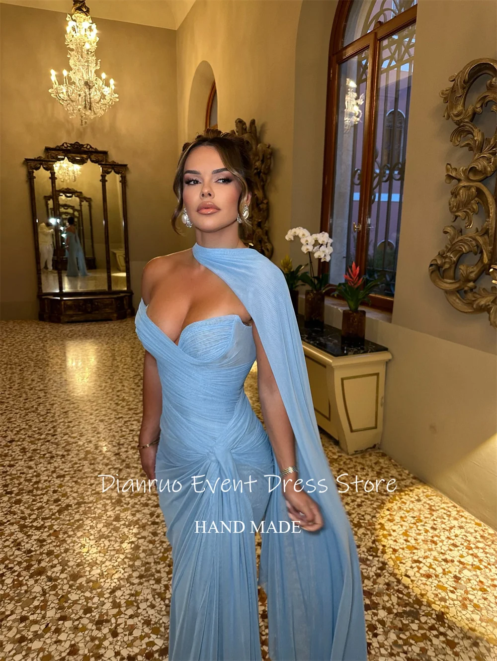 Dianruo ワンショルダーケープドレープイブニングドレス A ライン恋人 Vestidos デ フェスタシフォンプリーツウエディングドレス 2025 カスタマイズ