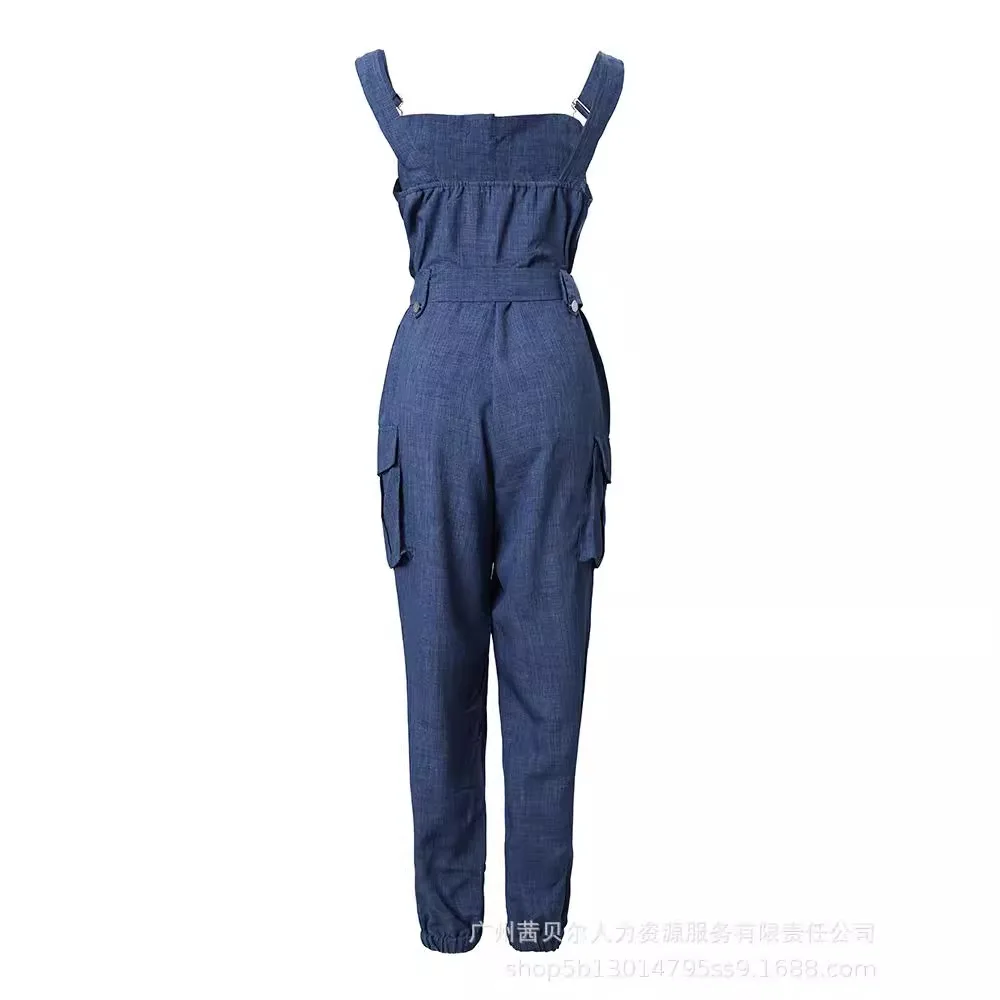 Women\'s Clothing Imitation Denim High Waist Cargo Jumpsuit Pockets Solid Color Ankle Length Overall Pants Jumpsuits