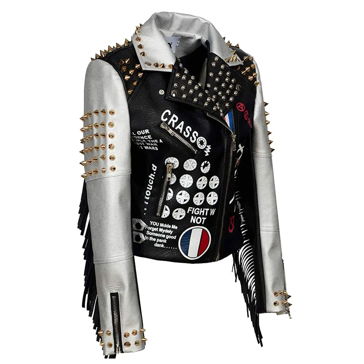 Fashion SX giacca da donna in pelle artificiale graffiti rivet nappa giacca punk moto bicicletta PU