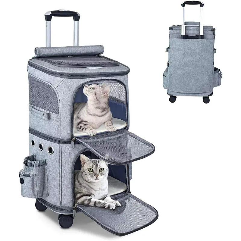 

Double Layer Outdoor Cat and Dog Bag Pet Cart Backpack Pet Bag Travel Pet Rolling Basket with Wheels