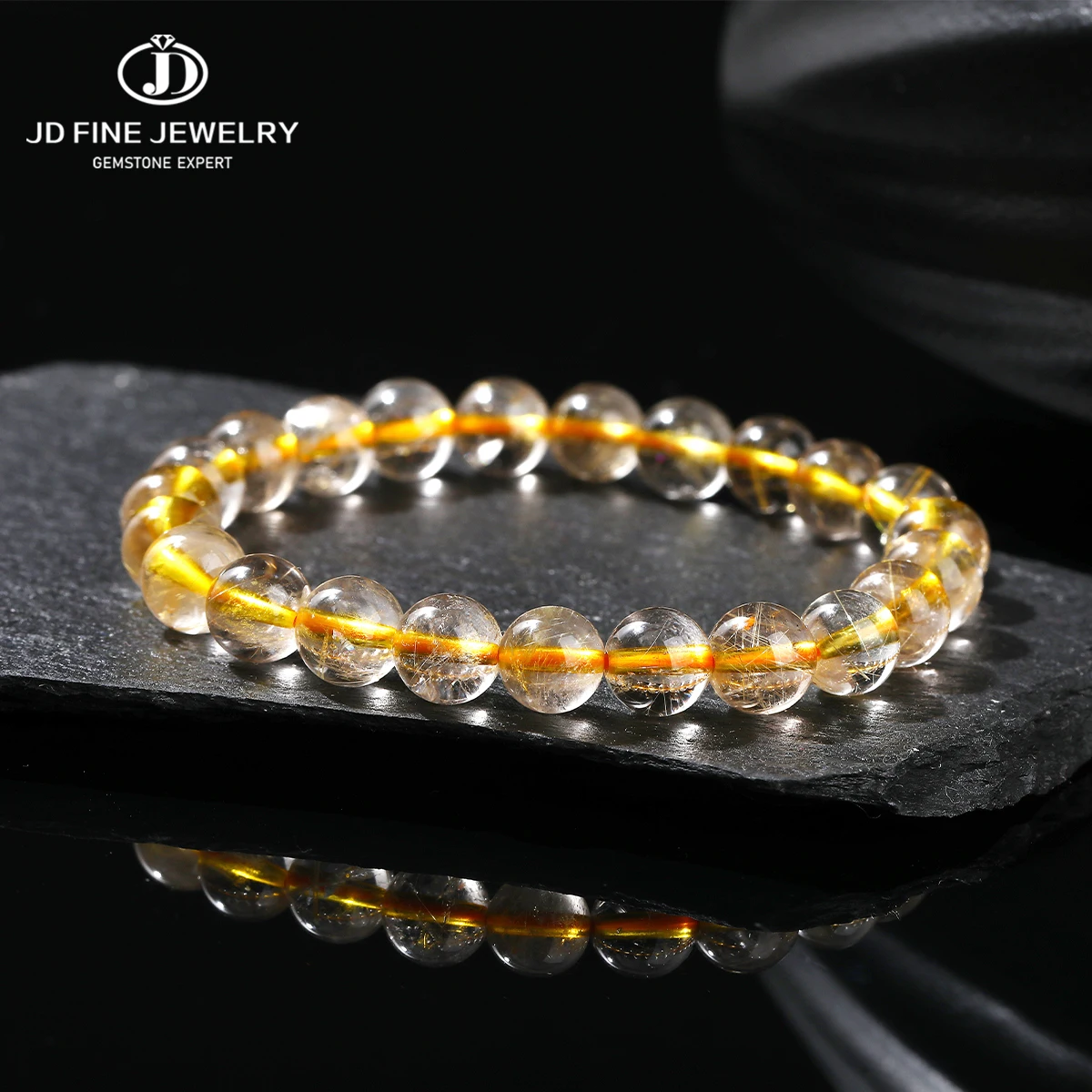 

JD 5A Natural Ice Golden Rutilated Quartz Round Bead Stretch Bracelets Women Men Genuine Wealth Lucky Brazil Power Jewelry Gift