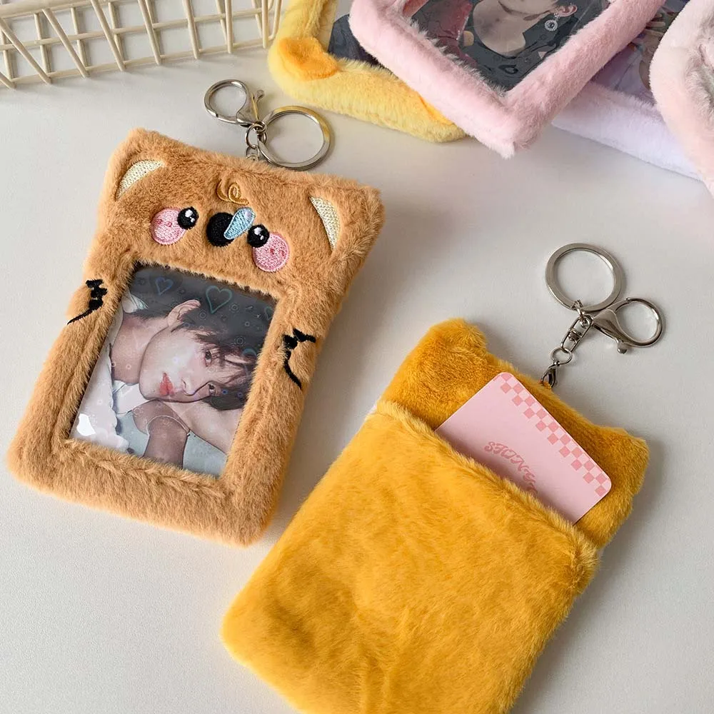 한국 스타일 아이돌 만화 사진 카드 홀더, 고양이 돼지 노랑 오리 곰, 키체인 펜던트 봉제 동물 카드 커버, 귀여운 인스