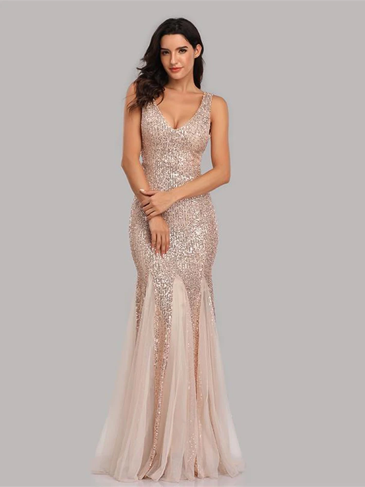 Abito a sirena con scollo a v con scialle, abito lungo da ballo formale, paillettes senza maniche, abito da sera Sexy, taglie forti