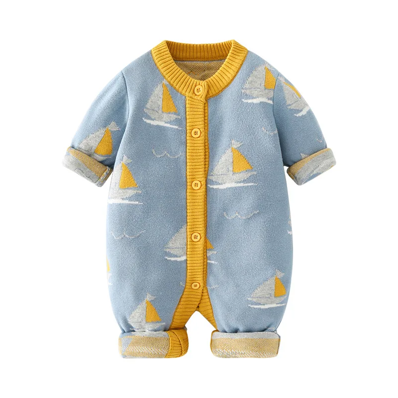 

Spring Autumn 0-2 Year Ins Newborn Boys Bodysuit Knitted Sailboat Jacquard Infant Boys Jumpsuit Thicken Baby Boy Onesies