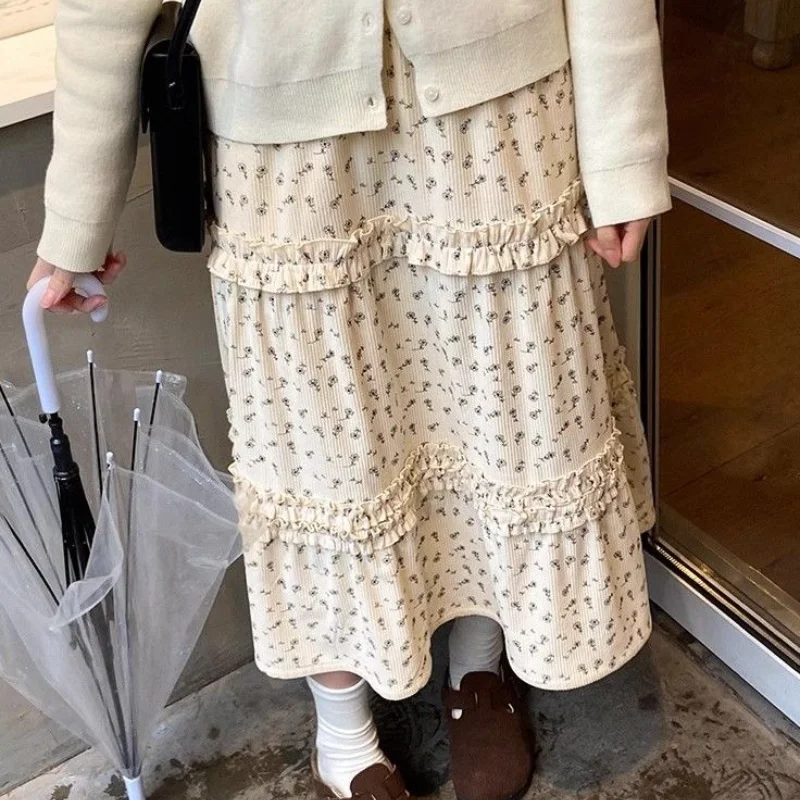 Korean Fashion Sweet Floral Beige Long Skirts for Women Spring Autumn Kawaii Wooden Ear Edge Loose Casual Simple Mori Girl Skirt