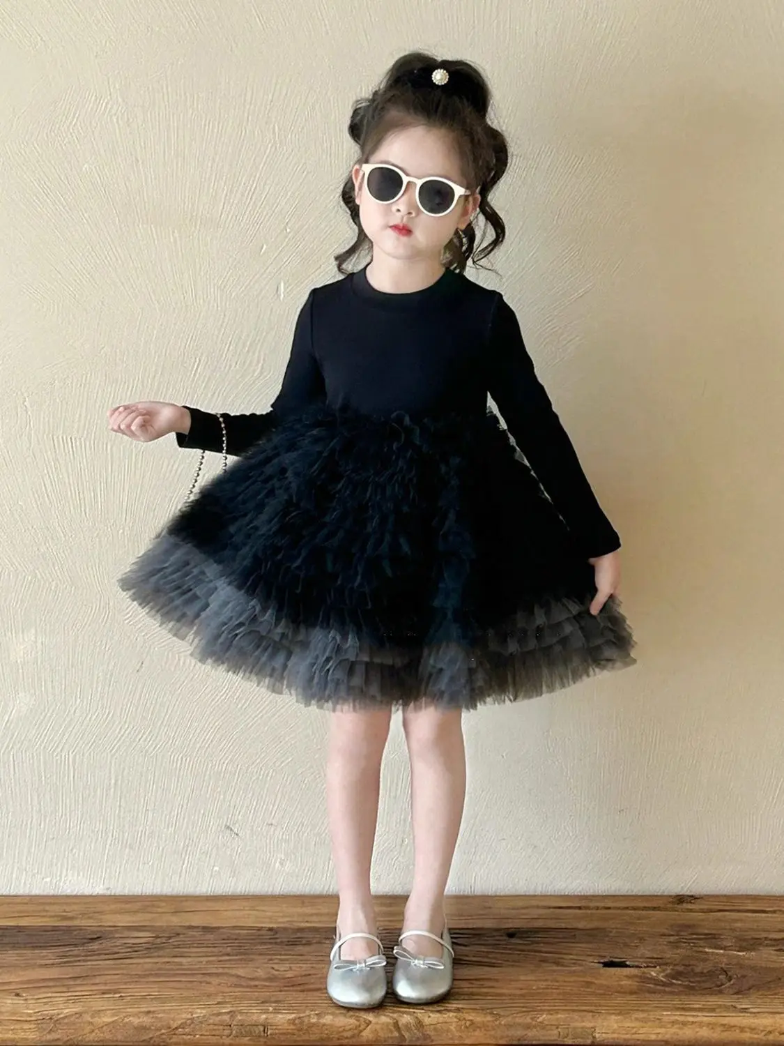 

Korean Girls Dress 2025 Autumn New Black Mesh Cake Layer Long Sleeved Dress Little Girl Fluffy Princess Dress