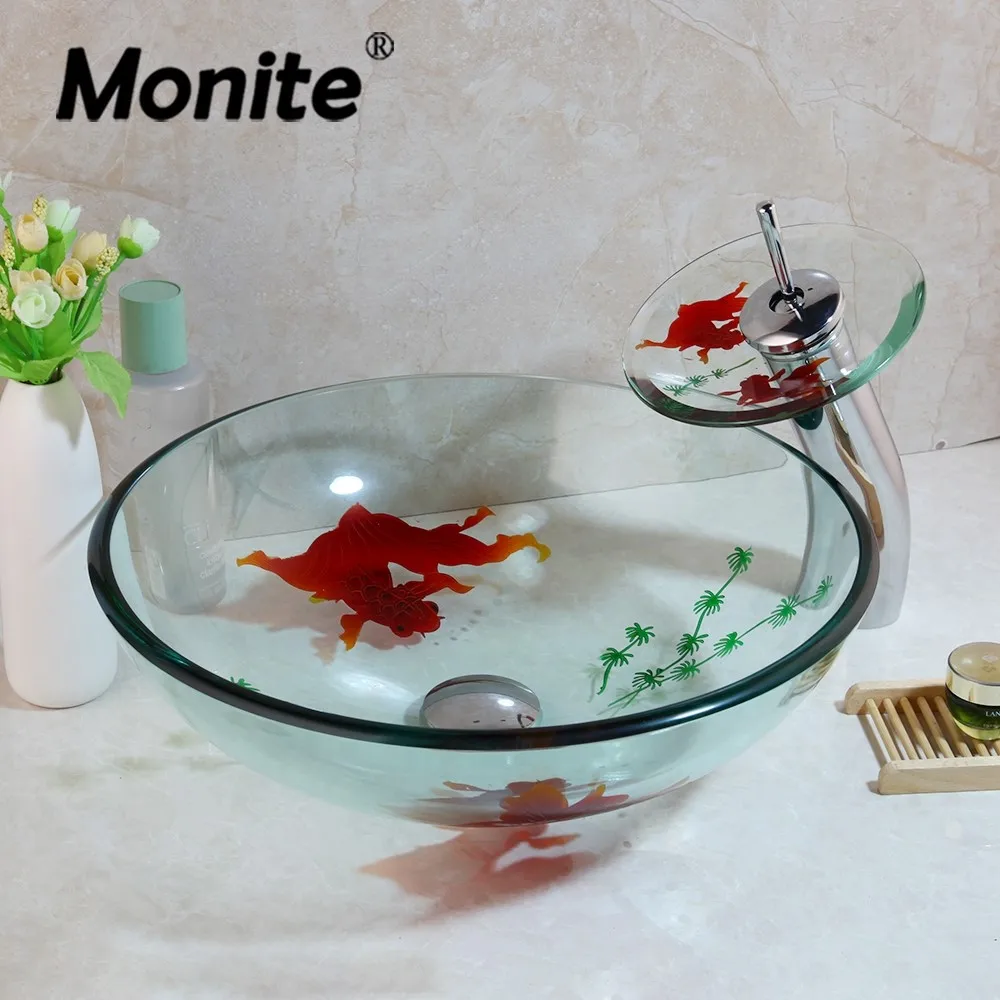 Monite Gold Fish Hand Painted Bathroom Vessel Vanity Temperred Glass Basin Sink with Waterfall Faucet Pop up Drain Combo Kit