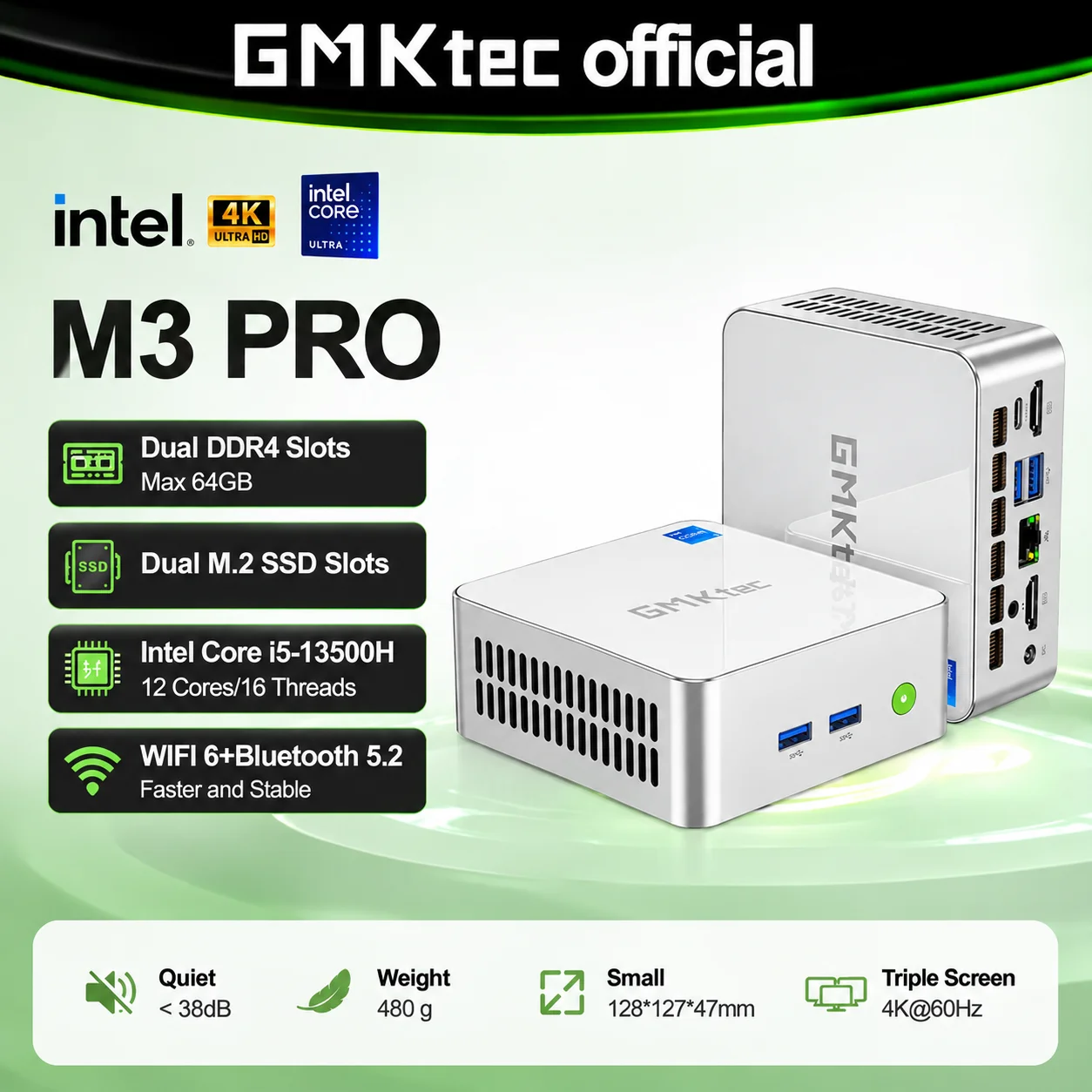 GMKtec NUCBOX M3 Pro Mini PC Intel Core I5-13500H Dual DDR4 Dual M.2 NVMe SSD 2.5G LAN WiFi 6 Windows 11 Pro Gaming Office