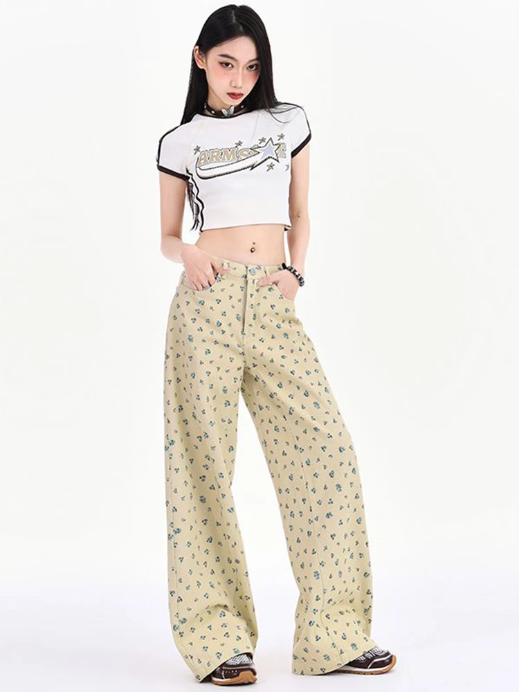 WCFCX STUDIO Flower Printed Baggy Jeans Vintage Loose Straight Denim Pants Streetwear Harajuku Hip Hop Wide Leg Jeans