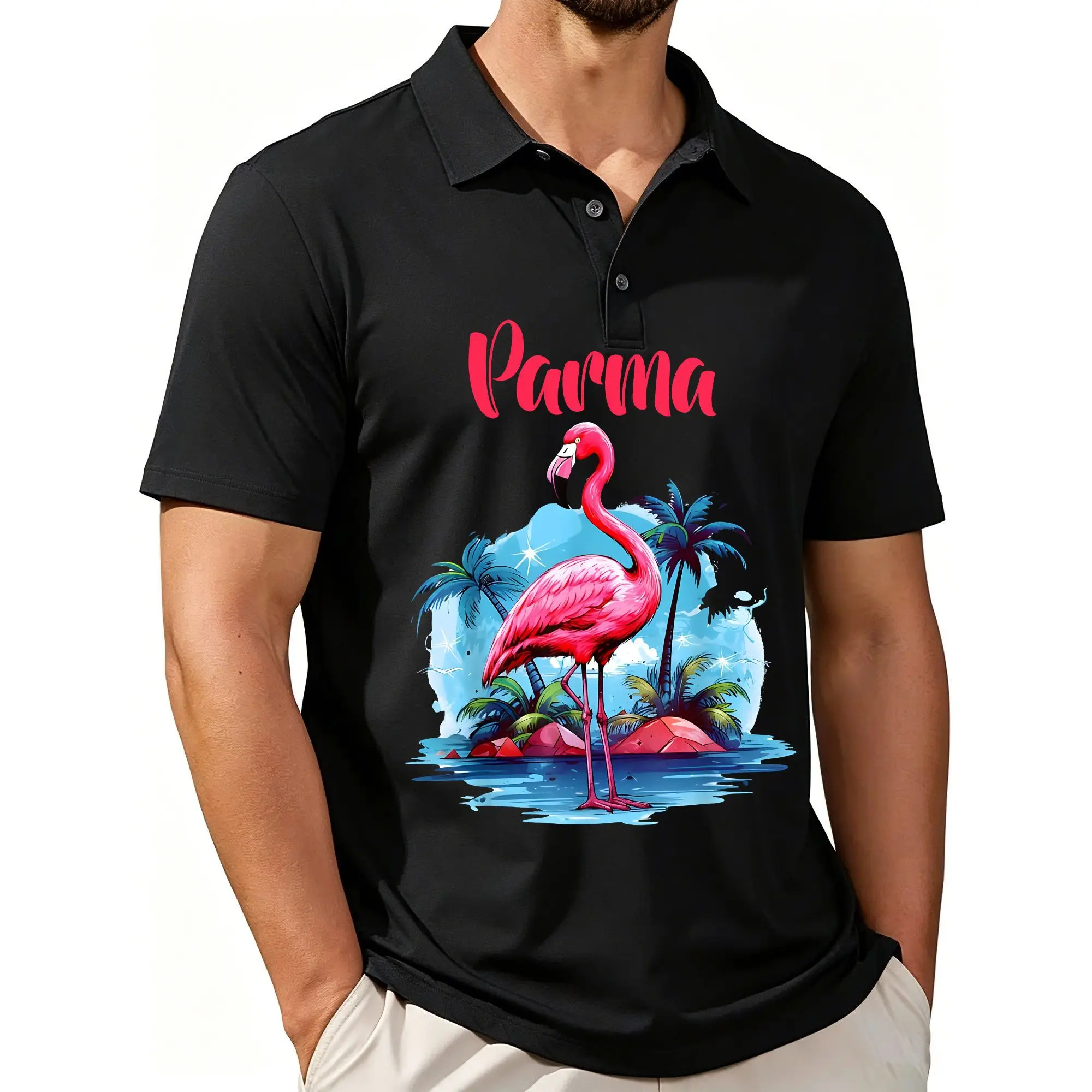 Men's Printed Short-Sleeved Polo Shirt with Parma Pride Community Pink Flamingo Theme, Stylish and Casual Fit, Breathable Fabric, Suitable for All Seasons.