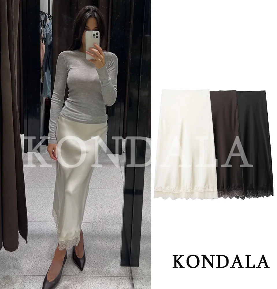 KONDALA Damen Chic Satin Midi-Rock Elegant Trendy mit Spitzenbesatz und Elastischem Bund 2026 Frühling Sommer Mode Hüftwickel-Röcke