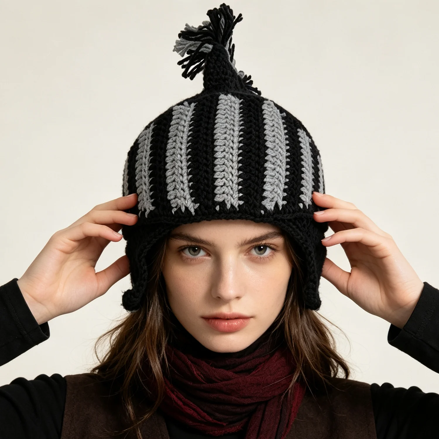 Men Knit Spartan Helmet Beanie Hand Crochet Roman Warrior Skullies Hat Women Halloween Cosplay Party Tassel Ear Protection Cap