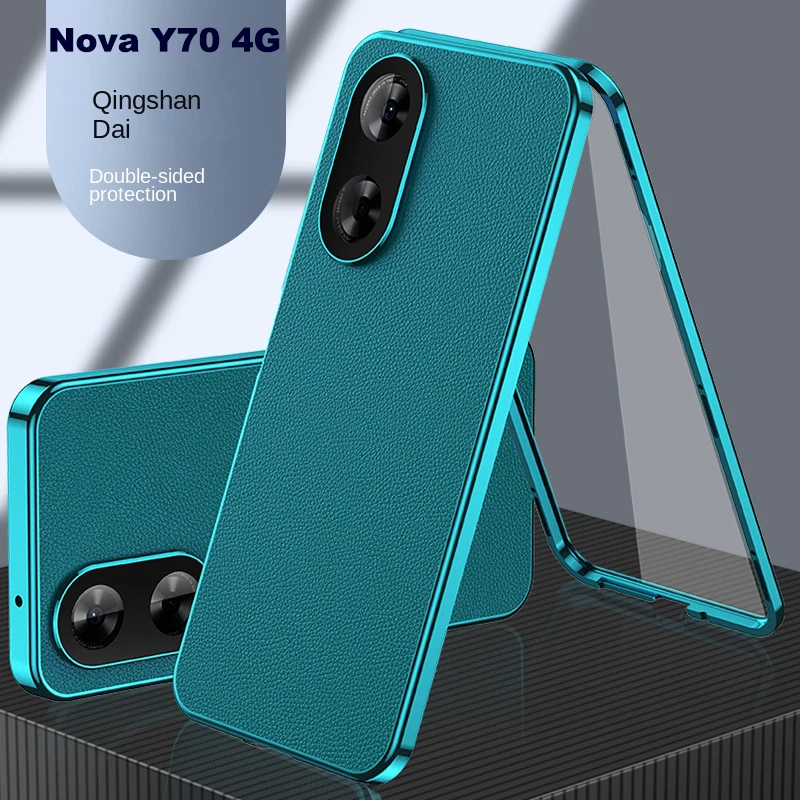 

For Huawei Nova Y70 Case 360 Full Protection Front Clear Tempered Glass Case with Back PU Leather Cover for Huawei NovaY70 4G