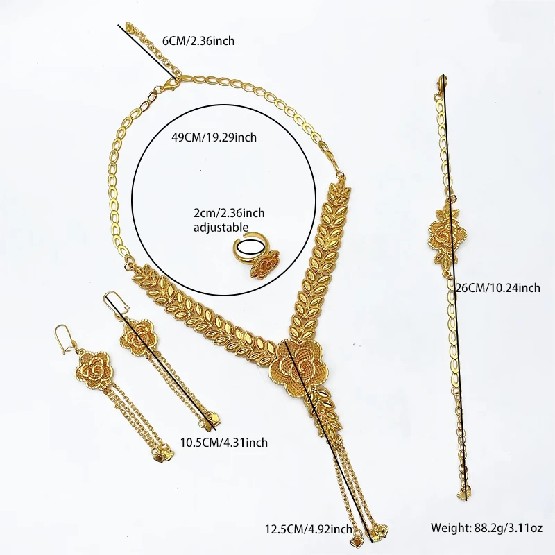Nigerianisches 24K Goldfarbenes Brautschmuckset für Frauen, äthiopisches Dubai-Blumen-Halsketten-, Armband-, Ohrring- und Ringset, Partygeschenk – Detail 6