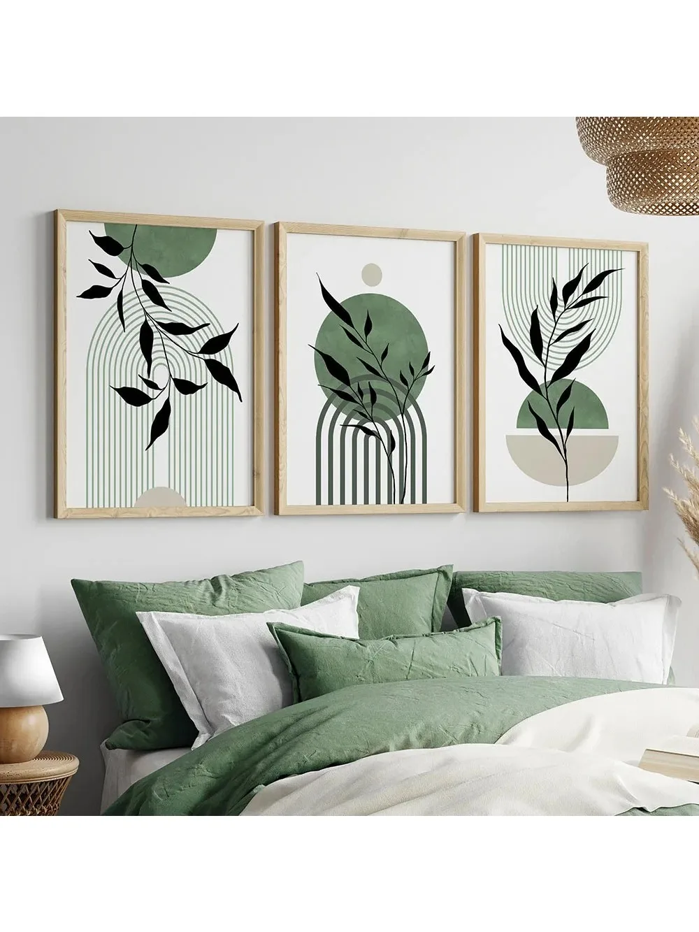 Tryptique bohème vert mur Art géométrique minimaliste feuille abstraite HD toile affiche imprime maison chambre salon décor cadeau