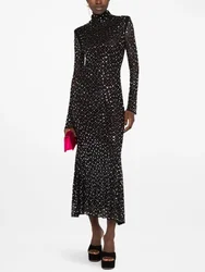 Sexy Turtleneck Long Sleeve Mesh Sequined Diamond Maxi Dress Women Black Bright Rhinestone Bodycon Celebrity Evening Party Gowns