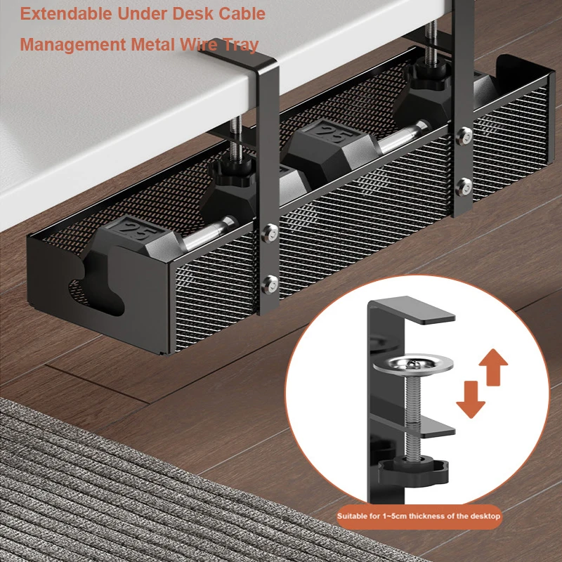 

No Drilling Extendable Under Desk Cable Management Metal Cable Tray Under Desk With Clamp Retractable Power Strip Cord Holder