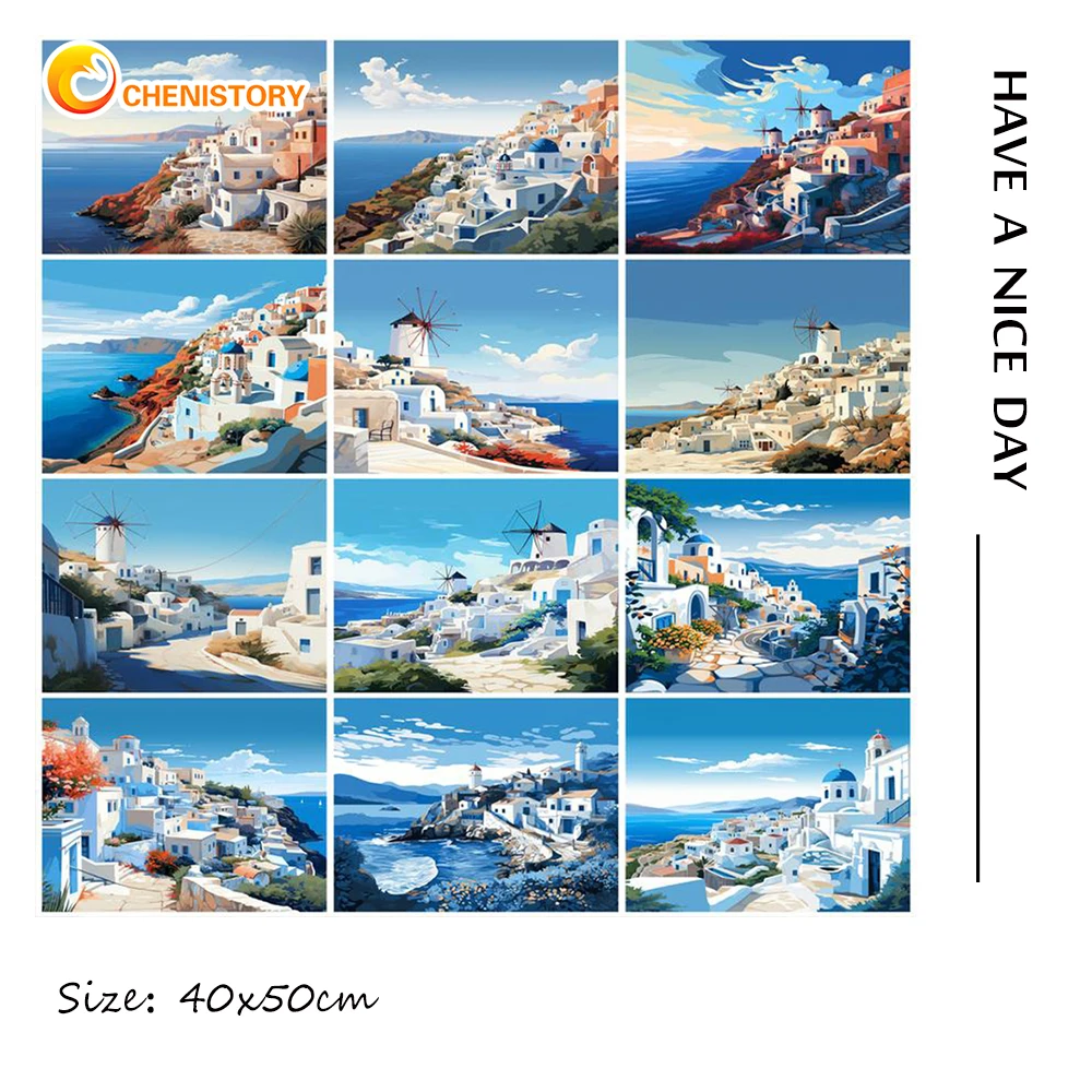 

CHENISTORY 60x75cm Diy Painting By Numbers Modern Wall Art Greek Town View Picture Acrylic Paint By Numbers For Home Decor Gift