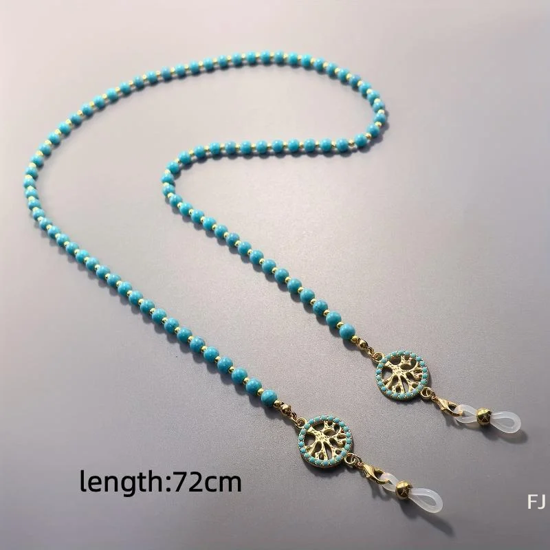 [YU]Imitation Turquoise Eyeglass Hanging Chain Long Bead Diamond Inlaid Lightweight Anti-Lost Strap for Women Gift